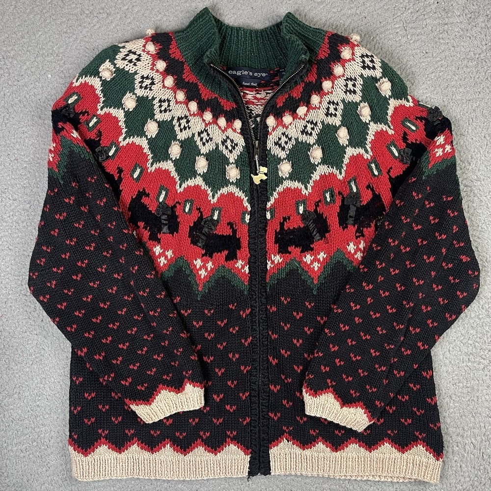Eagles Eye Scottie Dogs Scottish Terriers Granny Core Hand Knit Zip Sweater XL‎